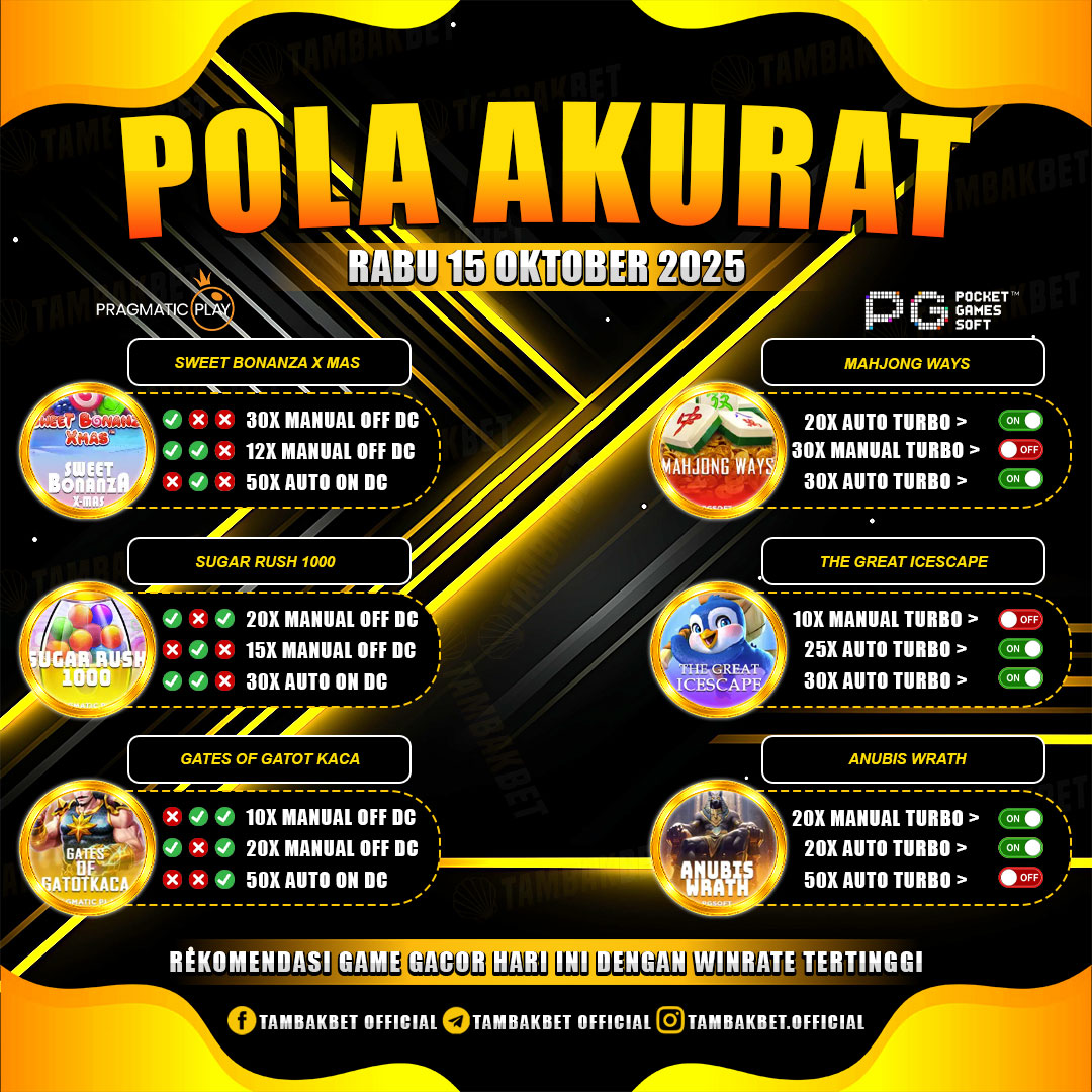 Update pola gacor TambakBet terbaru 15 Oktober 2025! Dapatkan bocoran pola gacor harian yang bikin Wede tiap hari hanya di TambakBet.