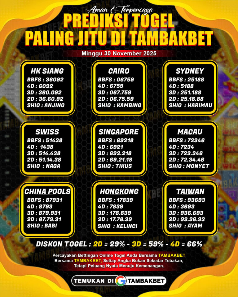 Temukan prediksi togel Tambakbet akurat setiap hari! Pelajari tips menang dan raih kemenangan lebih konsisten.